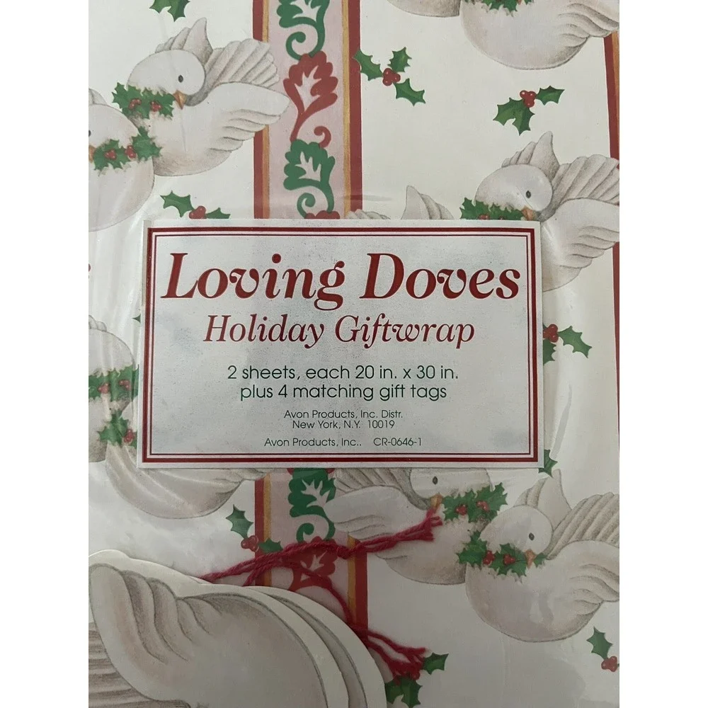 VTG Avon Holiday Wrapping Paper. Loving Doves! Holly & 4 Gift Tags! NOS
